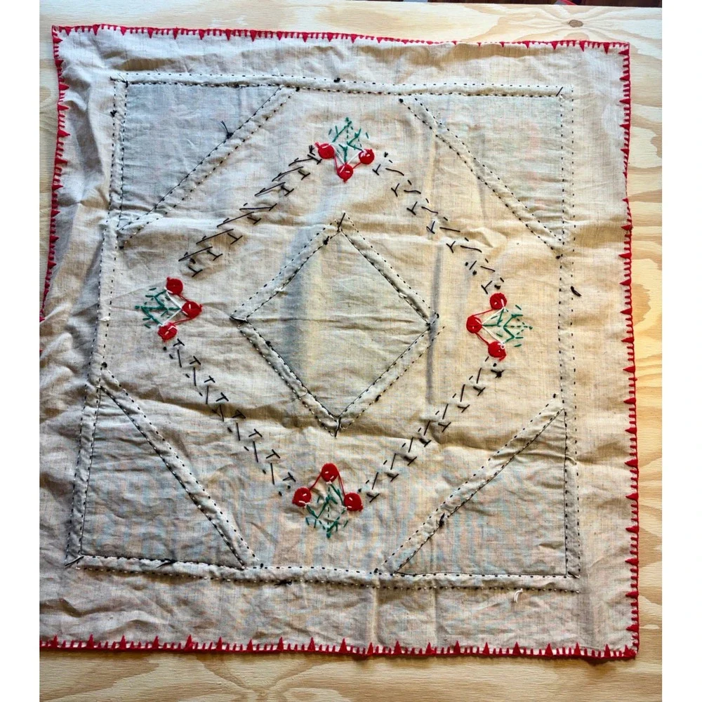Vintage Hungarian Folklore Embroidered Linen Tablecloth 90s 38x38